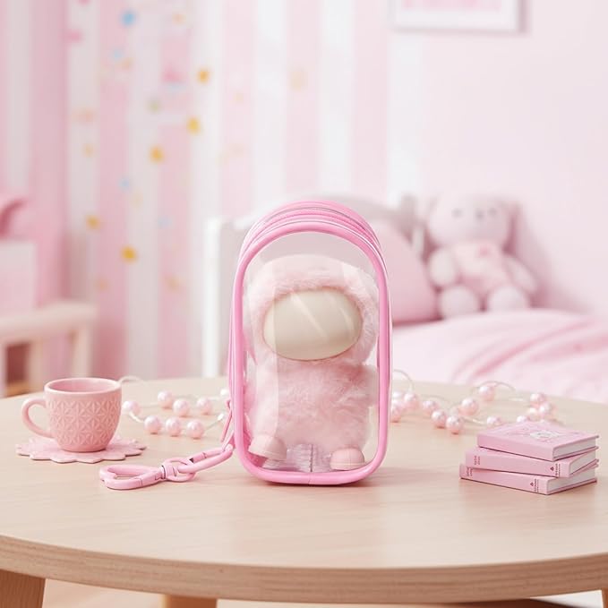 Clear Protective Case Display Accessories for 4.13 Inch 10cm 4.0 Series Plush Doll with Keychain, PVC Hanging Storage Case Cover Doll Storage Bag Figures Dolls Collectible Toys(Pink)