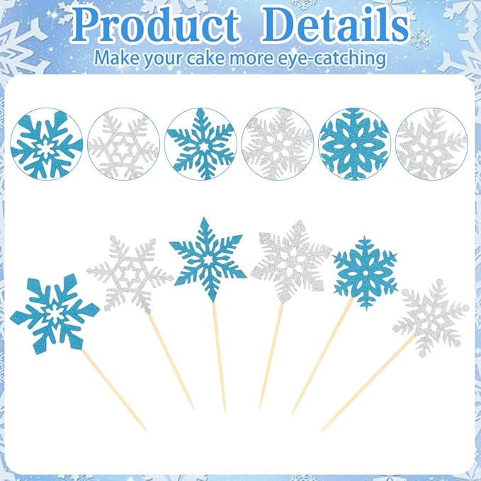 Snowflake Cupcake Toppers, 24PCS Glitter Winter Frozen Cupcake Picks Cake Decorations, Blue and Silver Snowflake Food Picks Topper for Christmas Winter Wonderland Baby Shower Party Decoration Supplies