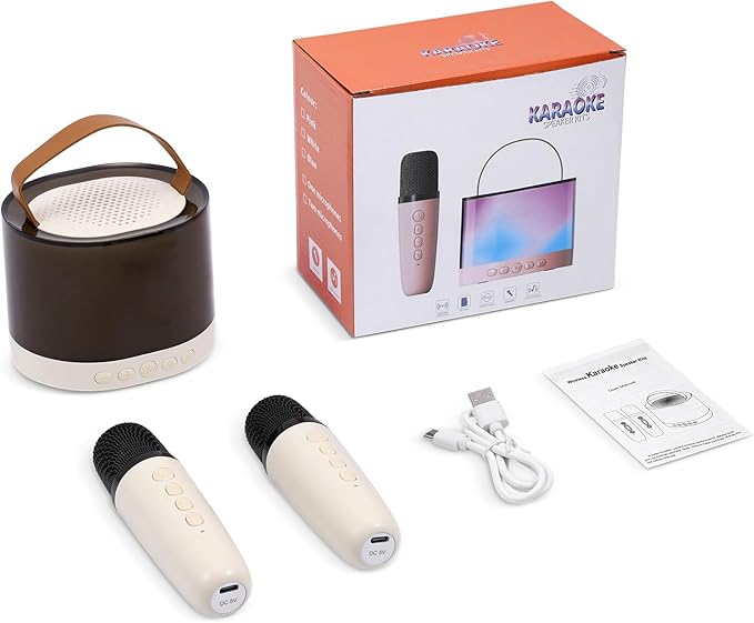 ORIA Mini Karaoke Machine, Bluetooth Karaoke Speaker with 2 Wireless Microphones, Wireless Karaoke Singing Machine with 5 Voice Changer, LED Colorful Lights, for Adults Kids Home Party