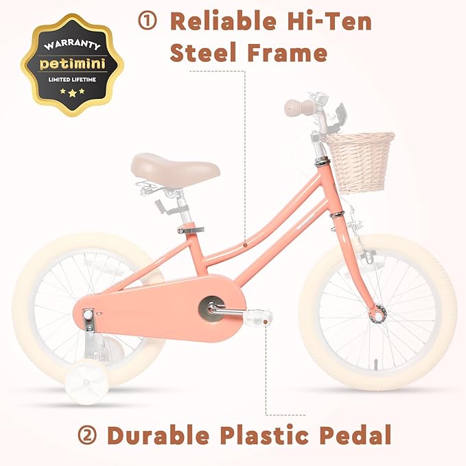 Petimini Vintage Kids Bike for Girls, 12–20 Inch Classic Bicycle with Wicker Basket & Bell, High Tensile Steel Frame, Training Wheels (12–18”), 85% Pre-Assembled, Retro Bike for Outdoor Riding