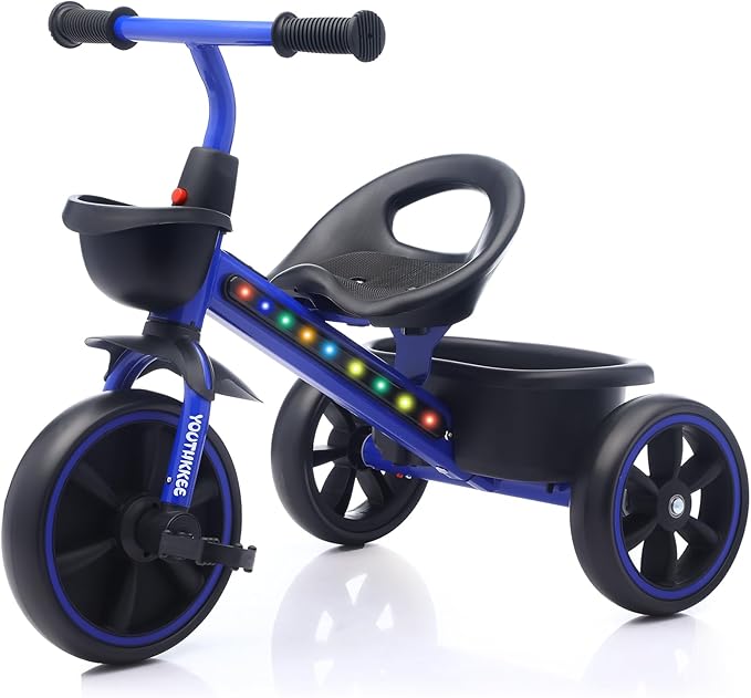 Kids Tricycle with Colorful LED Lights for Toddlers 1-3 Years, Stable 3-Wheel Design & Storage Basket for Fun Indoor Outdoor Ride, Gift for Baby Boy Girl