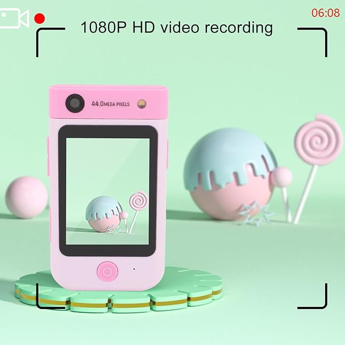 48MP 1080P HD Kids Smart Phone, 2.8in Touchscreen Camera with Autofocus, 180° Rotating Lens, Music Player, Games, Voice Recorder, for Boys Girls, with Carton Stickers (Pink Rabbit)