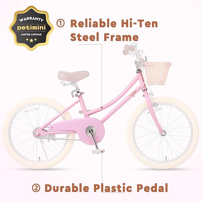 Petimini Vintage Kids Bike for Girls, 12–20 Inch Classic Bicycle with Wicker Basket & Bell, High Tensile Steel Frame, Training Wheels (12–18”), 85% Pre-Assembled, Retro Bike for Outdoor Riding