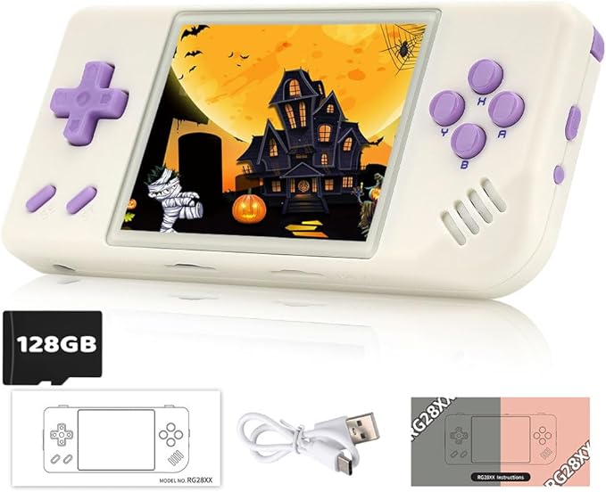 RG28XX Retro Game Console 2.83 Inch 640*480 IPS Screen Linux System Built-in 128GB TF Card,with 3100mAh Battery Linux System Games Consoles,Support HD and TV Output Casual Game Console(White)