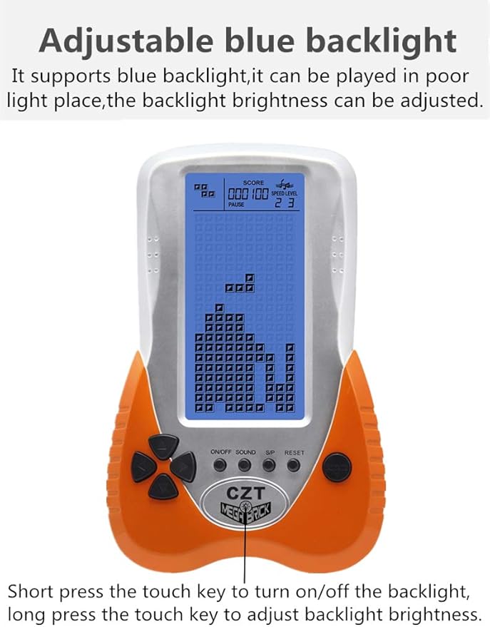 CZT Retro Brick Game Console Big Blue Backlight Screen Built-in 23 Games Tank Battle/Racing Can Plug Headphone Nostalgic Puzzle Pocket Handheld Porable Machine Children's Toys (Orange)