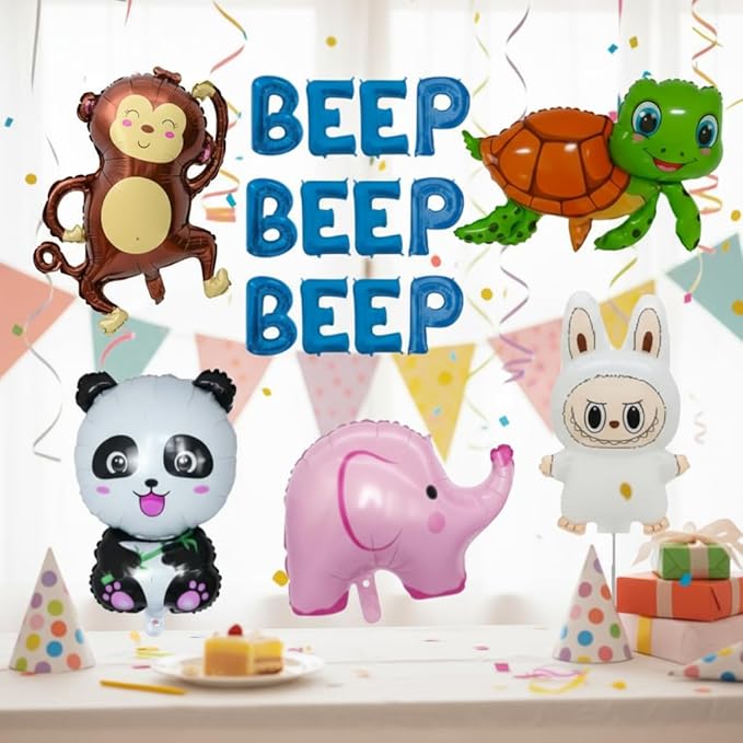 100% LIKED-Beep Beep Beep Blue Letters Balloon Banner, Cartoon Animal Foil Balloon Set Cute Assorted Animal Balloons for Kids Birthday Party Baby Shower Animal Theme Party Decorations