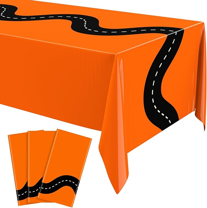 Irenare 3 Pcs Racing Table Cloths Car Birthday Party Supplies 54 x 108 Inch Racetrack Table Runner Covers Disposable Rectangular Road Tablecloth for Kids Boy Car Theme Party Decor (Orange)