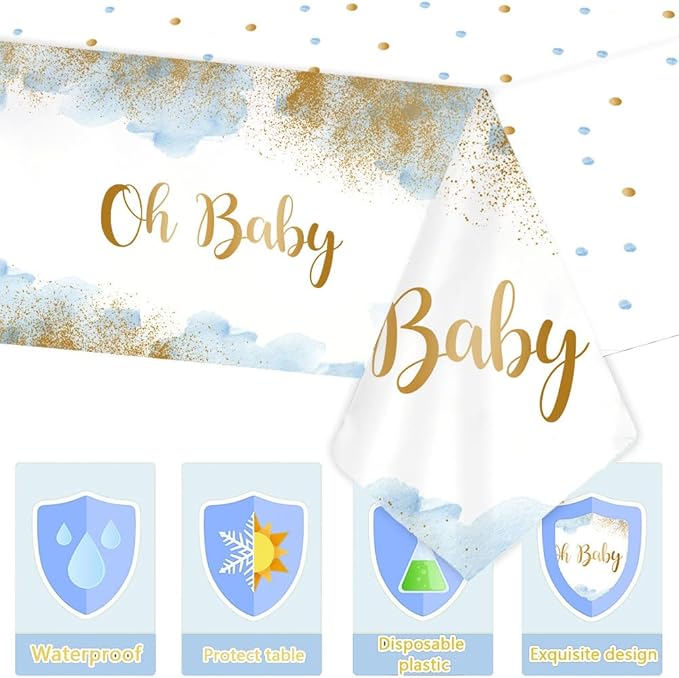 3 Pieces Blue Oh Baby Tablecloth for Baby Shower Decorations Blue Watercolor Cloud Baby Shower Table Cloths for Boy Plastic Disposable Table Covers Decorations 108 x 54 Inch