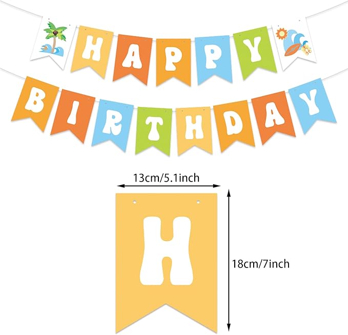 Zwiebeco Seaside Happy Birthday Party Decoration Banner Bunting Garland Hanging Paper for Summer Tropical Hawaiian Beach Pool Themed Boys Girls Kids Accessories Supplies