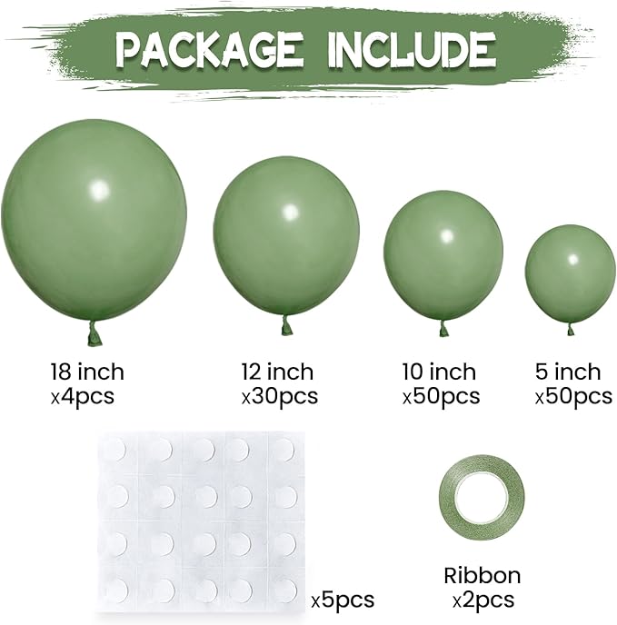 134Pcs Sage Green Balloons Different Sizes 5 10 12 18 Inch Sage green Latex Balloon for Birthday Wedding Baby Shower. (Sage green)