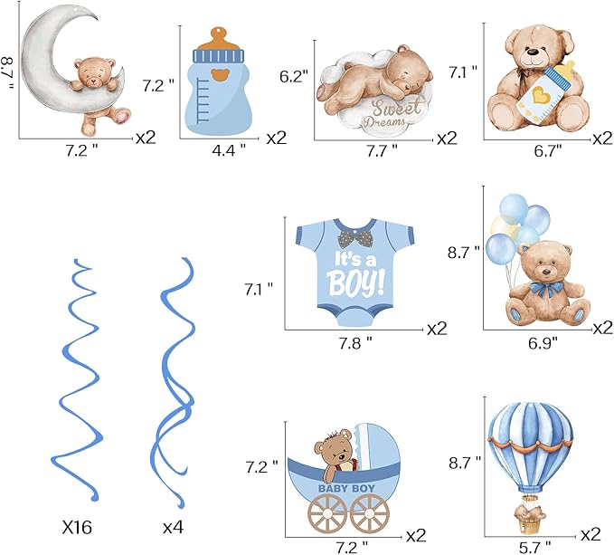 Baby Shower Bear Ceiling Swirls(30Pcs Fully-Assembled), It's A Boy Baby Shower Party Supplies Double Side Cute Swirls Birthday Party Decorations, Baby Shower Favor Supplies Decor Gender Reveal Prop