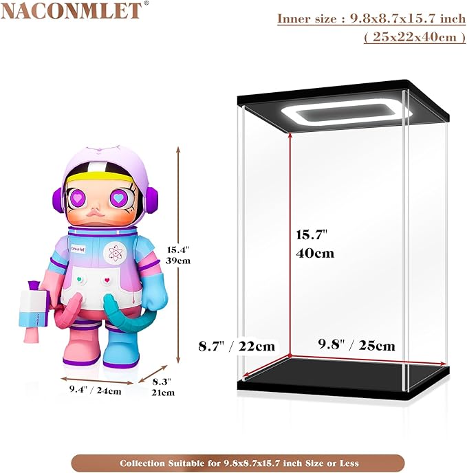 Clear Acrylic Display Case with RGB LED Top Light – Dustproof Showcase Box for Popmart MEGA 400% Labubu, Action Figures, Vinyl Toys & Collectibles – Premium Display Stand Organizer