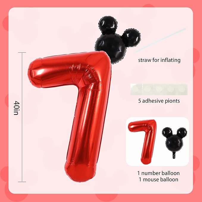 Vuzvuv 40 Inch Mouse Number Balloon No.7, Black Mouse Head Balloon and Red Giant Giant Number Seven Balloon for Birthday, Mouse Theme Party Supplies, Baby Shower,Anniversary Decoration