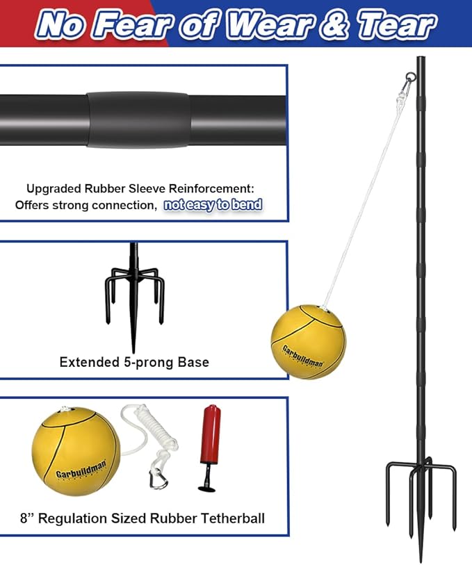 Garbuildman Tetherball Set with Ball & Rope for Outdoor Backyard, Adjustable Tether Ball Pole with 5-Prong Base & Rubber Sleeve for Playground, Outside Ball Games Sports for Kids, Adults