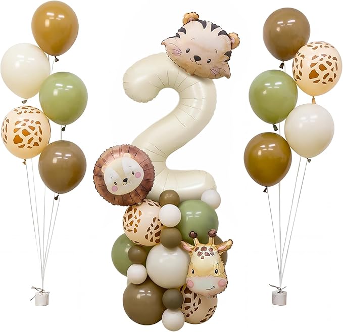 Jungle Safari Birthday Balloons, Animal Balloons Birthday Party Supplies for Safari Birthday Wedding Shower Party Decorations (Cream, Number 2)