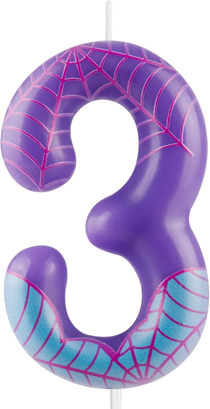 Zi Lan Purple Spider 3rd Birthday Candles Spider Themed Number 3 Candle Cake Topper Spider Cartoon Birthday Cake Decorations for Boys Girls Kids Party Supplies, ZSZZX-03