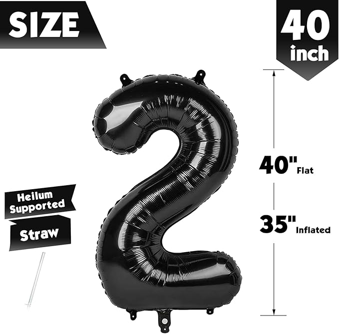40 Inch Black Number 2 Balloon, Giant 2 Number Balloons for 2nd Birthday Decorations, Party Supplies for Baby Boy Girl, Black Party Decor