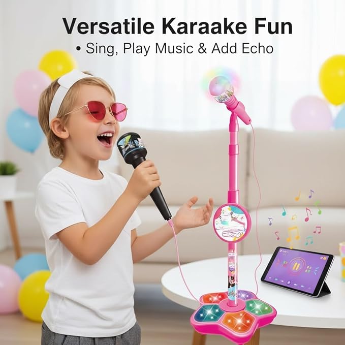 All in One Microphone Toy with Stand, 2026 New Kids Microphone with Music & Light, Speaker & Echo Effects, Adjustable Height, Christmas Birthday Gift (Blue)