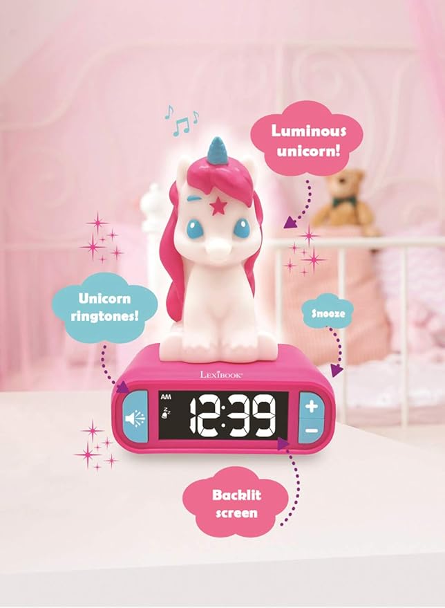 LEXiBOOK - Unicorn Digital Alarm Clock for Kids with Night Light, Snooze and Unicorn Sound Effects, Childrens Clock, Luminous Unicorn, Pink Colour - RL800UNI