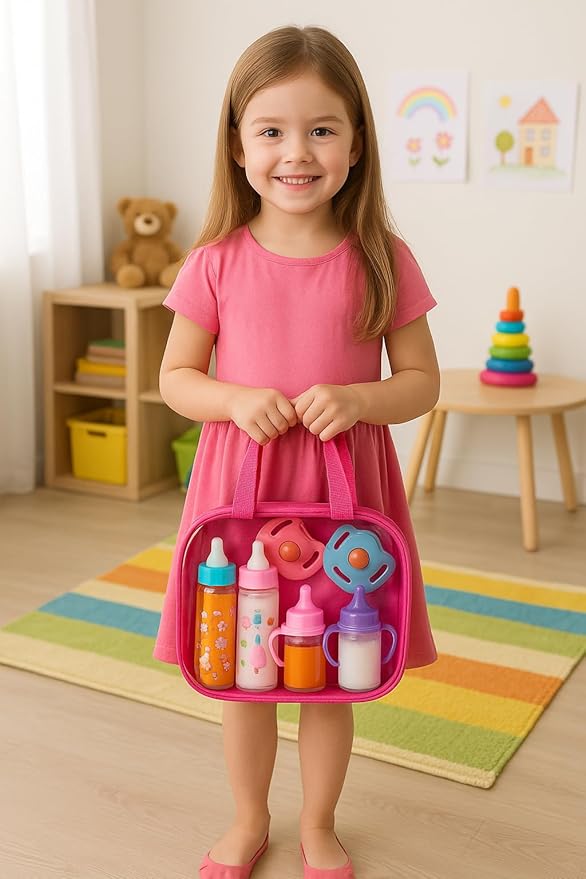fash n kolor® My Sweet Baby Disappearing Doll Feeding Set, Baby Care 6 Piece Doll Feeding Set - for Toy Stroller | 2 Milk & Juice Bottles with 2 Toy Pacifier for Baby Dolls Set - Kids Gift Set