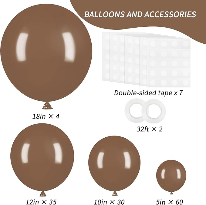 RUBFAC 129pcs Brown Balloons Different Sizes 18 12 10 5 Inches for Garland Arch Kit, Premium Boho Coffee Brown Latex Balloon for Birthday Party Graduation Wedding Anniversary Baby Shower Decoration