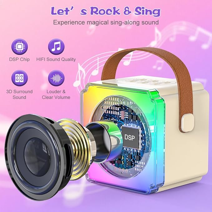 Mini Karaoke Machine for Kids Adults, TOP Toy Gift Bluetooth Karaoke Speaker with 2 Wireless Microphones, LED Party Lights, AUX/USB/TF- Christmas Birthday Gifts for Girls Boys Ages 3-12+, Beige