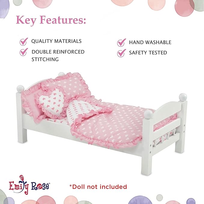 Emily Rose 18" Doll Pink Heart Valentines Bedding Set – 5 Pc Doll Bed Bedding & Bedroom Accessories with Comforter, Pillows & Matress Covering Flat – Fits American Girl, Bunk Beds, Cribs
