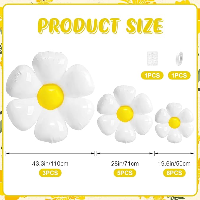 BTZO 16 Pcs Daisy Balloons, White Aluminum Foil Balloons for Birthday, Baby Shower, Wedding, Anniversary, Groovy Flower Theme Retro Hippie Party Decorations