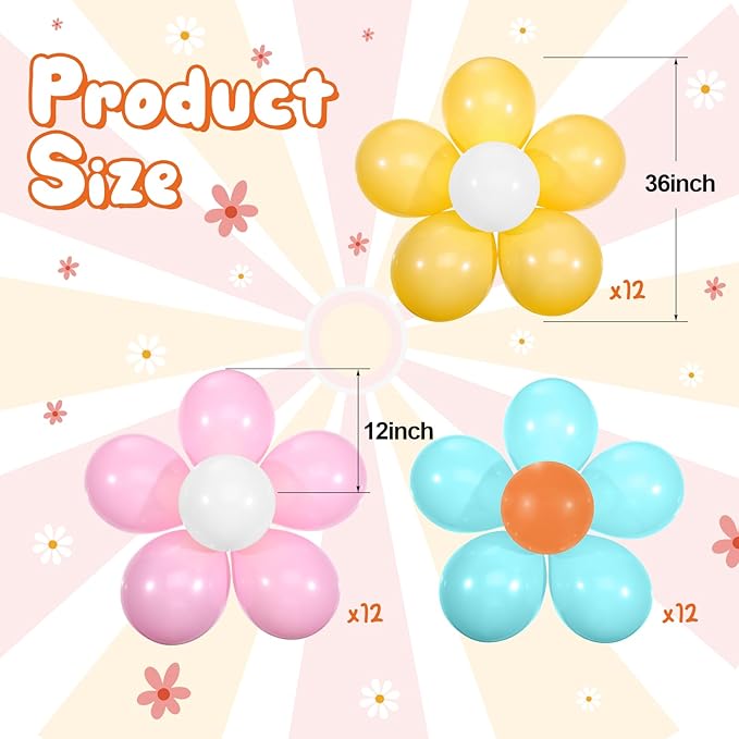 Hiboom 72 Pcs Groovy Retro Hippie Balloons Boho Peace Party Decor 12 Inch Rainbow Daisy Flower Butterfly Peace Sign Latex Balloons for Kids Girls Two Groovy Birthday Party Decoration Supply(Fresh)