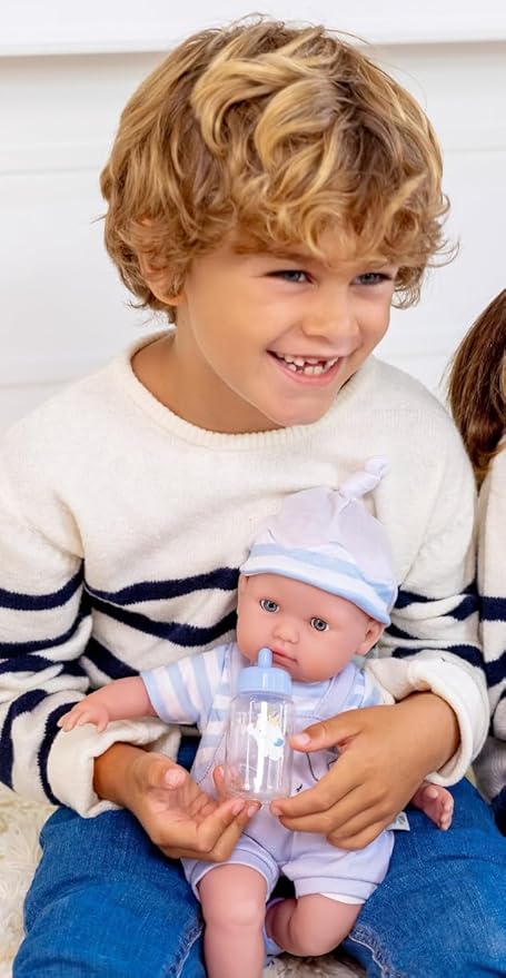 JC Toys | Berenguer Boutique | Baby Doll Outfit | Gray Overall Shorts with Blue Stripes | Includes Headband and Booties | Ages 2+ | Fits Dolls 14"- 16"