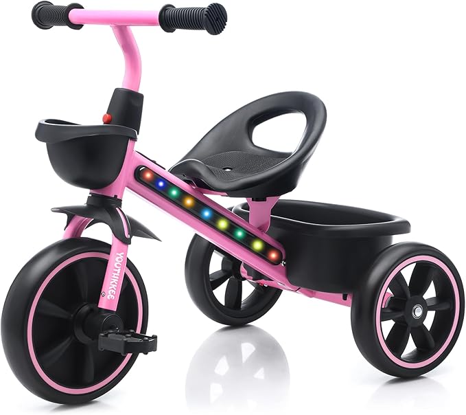 Kids Tricycle with Colorful LED Lights for Toddlers 1-3 Years, Stable 3-Wheel Design & Storage Basket for Fun Indoor Outdoor Ride, Gift for Baby Boy Girl