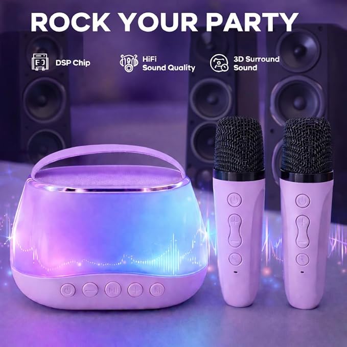 Kids Karaoke Machine with 2 Wireless Microphones, Bluetooth Speaker with Voice Changer & LED Lights, Portable Singing Toy Gift for Boys & Girls Ages 3–12