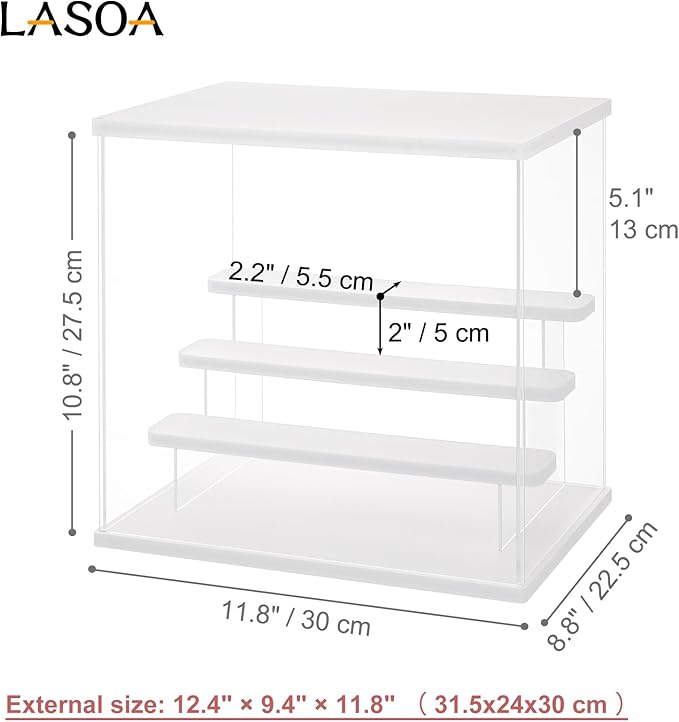 LASOA Acrylic Display Case with Adjustable LED Lights, 4 Tier Clear Display Box for Action Figures and Collectibles, Self-Assembly Showcase with White Base for Miniatures, 11.8x8.9x11inch