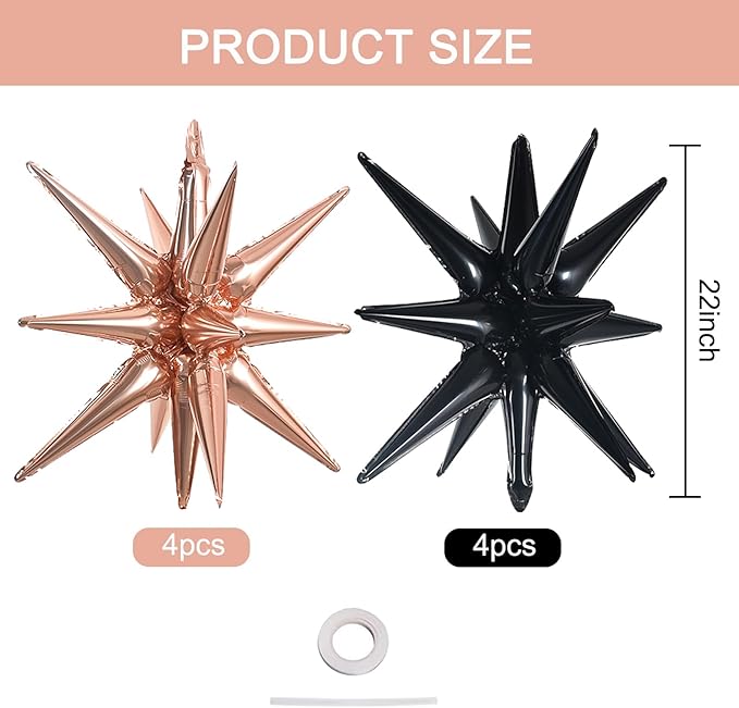 TONIFUL 8 Pcs Black Rose Gold Foil Balloons Large Star Balloons Explosion Star Mylar Balloons for Party Backdrop Christmas New Year Birthday Wedding Baby Shower Anniversary Photo Booth Supplies