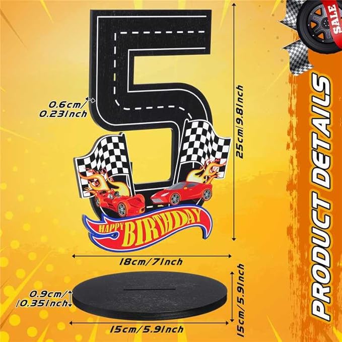 Race Car 5th Birthday Number Sign Centerpiece Race Car Theme 5th Birthday Party Supplies Wooden Table Decoration Photo Props for Boys Five Years Old