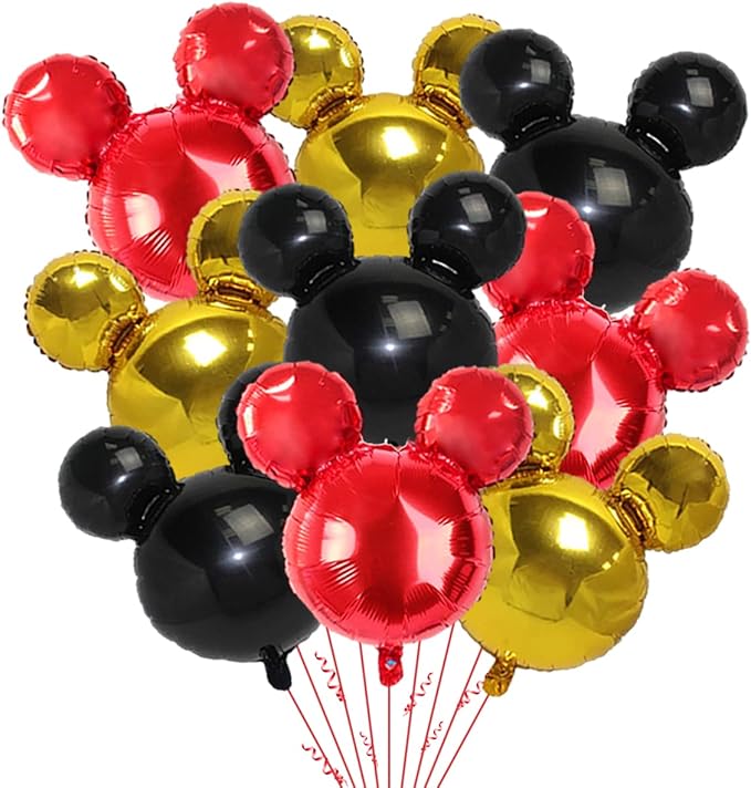 9Pack Mouse Party Foil Balloons, 27” Black Red Yellow Balloons for Cartoon Mouse Party, Baby Shower, Kids Birthday Theme Party Decoration Supplies