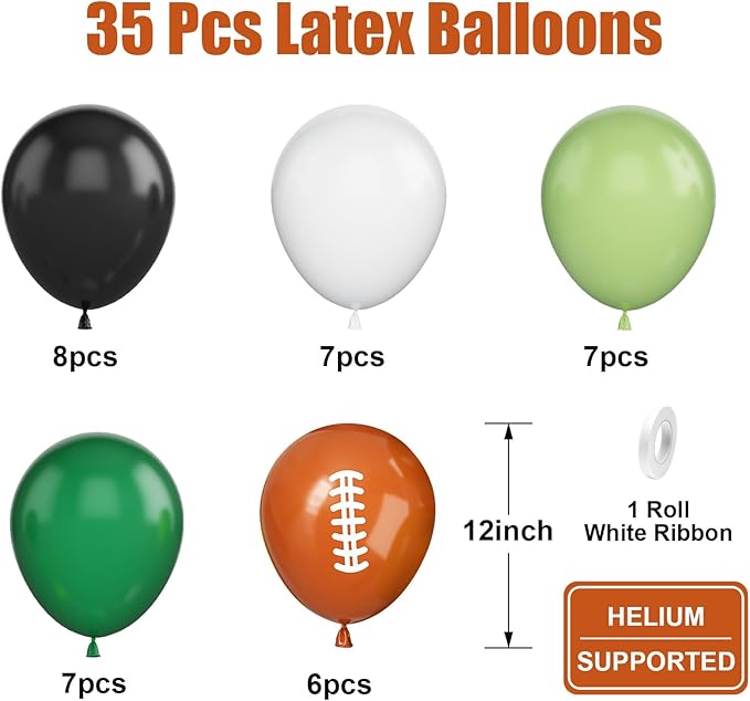 Football Balloons, 12 Inch Football Party Balloons, Dark Green and Black Balloons White and Brown Football Printed Latex Balloons for Boys Birthday Touch Down Rugby Sport Theme Party Decor