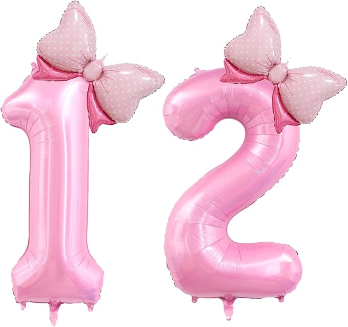 40 inch Number Balloon with Bow Pink Birthday Number Balloon for Girls Daughter Birthday Decorations Party Supplies (Pink Number 12)