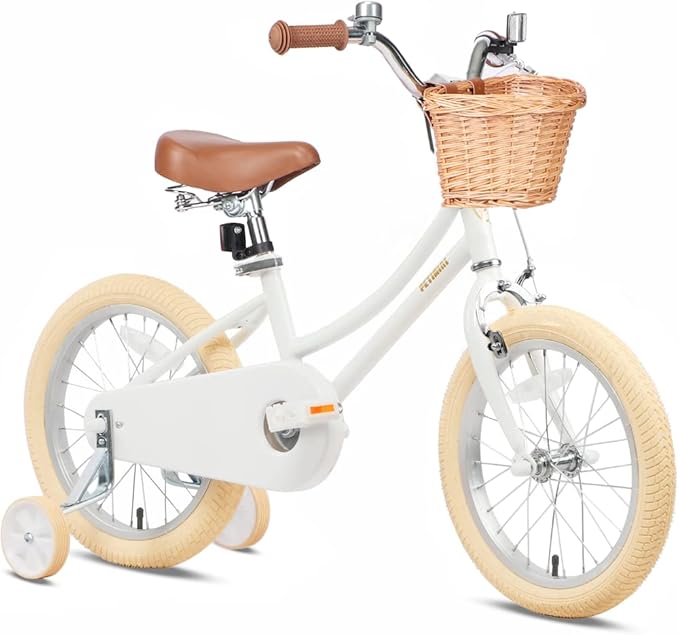 Petimini Vintage Kids Bike for Girls, 12–20 Inch Classic Bicycle with Wicker Basket & Bell, High Tensile Steel Frame, Training Wheels (12–18”), 85% Pre-Assembled, Retro Bike for Outdoor Riding