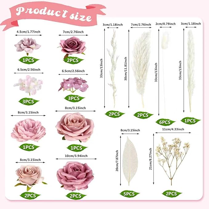 33 PCS Boho Cake Topper Decorations Vintage Artificial Rose Flowers Leaves Various Dried Pampas Grass for Cake Decorating Kit for Wedding Bridal Birthday Party Supplies