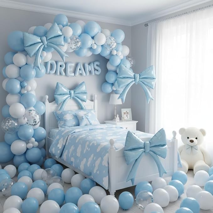 2pcs Dusty Blue Bow Balloons for Bow Party Decorations, Giant Light Baby Blue Mylar Foil Balloon for Coquette Party Decor Bow Themed Sweet 16 Birthday Bridal Baby Shower Bachelorette Wedding Supplies