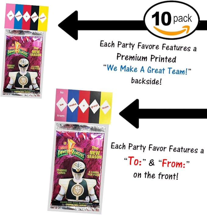 Power Rangers Party Favors, We Make A Great Team 10 Pack, New Power Rangers Party Supplies or Valentines Day Cards for Kids School Classroom Exchange, Creative Pre Assembled Gift Idea