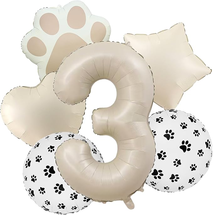 3rd Birthday Dog Paw Balloons Set,18'' Paw Prints, Heart,Star,Paw Shaped Foil Balloon 40 Inch Cream Number 3 Helium balloons for Puppy Themed Third Anniversary Birthday Party Decorations Supplies 6PCS