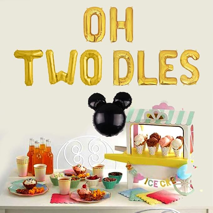 Oh Twodles 2nd Birthday Party Decorations for Themed of Mouse for Girl Boy Oh Twodles Birthday Party Supplies Decorations Set Of 12PCS Kit (Gold)