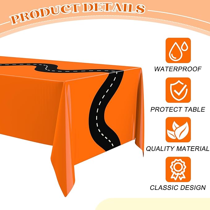 Irenare 3 Pcs Racing Table Cloths Car Birthday Party Supplies 54 x 108 Inch Racetrack Table Runner Covers Disposable Rectangular Road Tablecloth for Kids Boy Car Theme Party Decor (Orange)