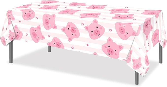 3 Pack Pink Pig Tablecloths for Birthday Party Decorations - Farm Animal Piggy Disposable Plastic Table Covers for Girls' Cartoon Party Supplies, 54 x 87 Inch