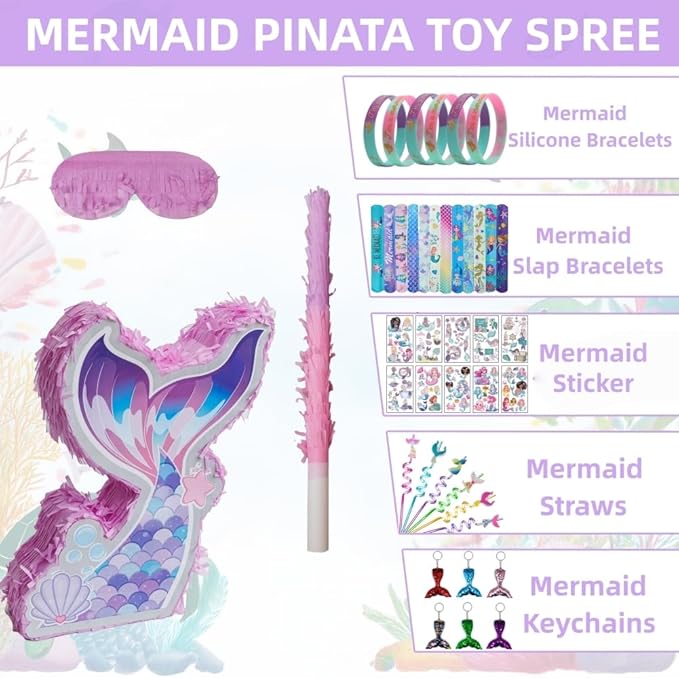 Mermaid Pinata Set Birthday Party Favors for Girl Kids Birthday Themed Party Supplies with Tail Pinata Stickers Slap Bracelet Keychain Silicone Bands and Straws 44 Pack