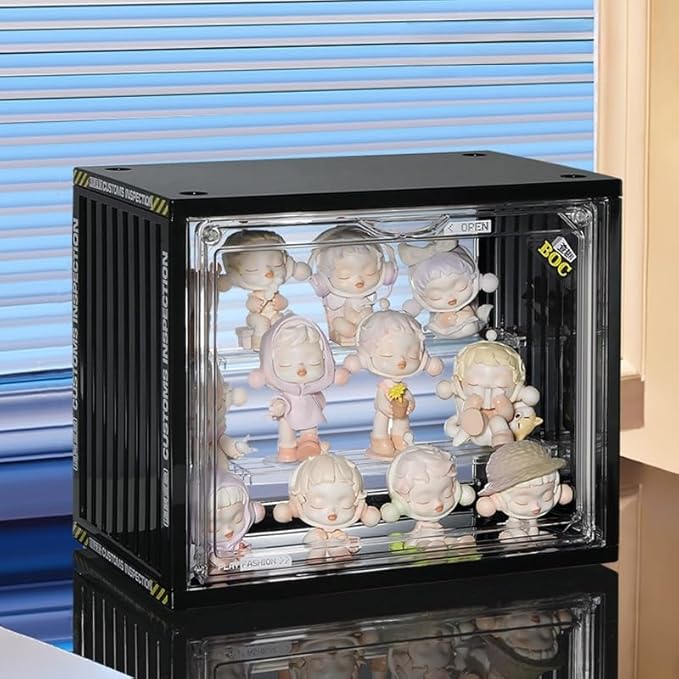 Clear Display Case for Figures, Acrylic Display Case for Collectibles, Adjustable Figure Display Case with Magnetic Door, Stackable Display Box for Action Figures, Pop Mart, Funko Pop (Black, 2 Pack)