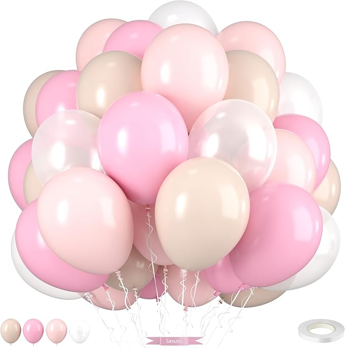 Light Pink Balloons, 12 Inch Pastel Macaron Pink and White Sand Nude Beige Pearl White Boho Balloons for Girls Women Birthday Party Wedding Engagement Bachelorette Bridal Baby Shower Decoration