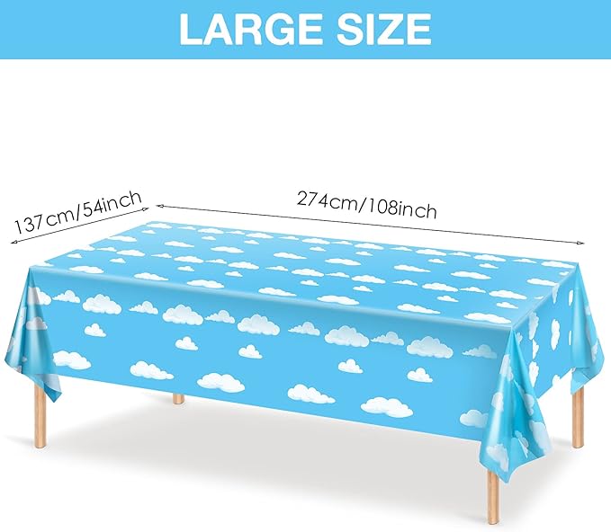Tatuo Blue Sky White Clouds Birthday Party Supplies Cartoon Story Tablecloth Party Table Cover Cartoon Table Banner for Birthday Decorations, 54 x 108 Inch(4 Pieces)